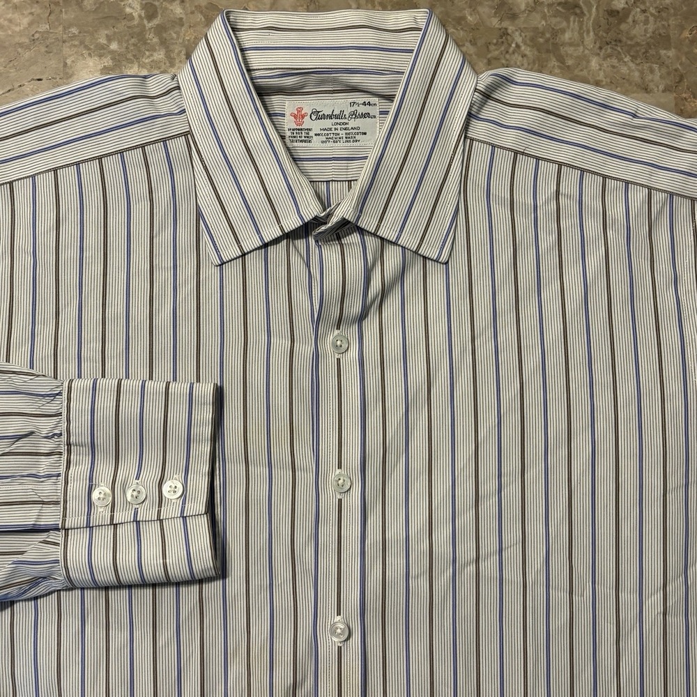 Turnbull & Asser Shirt Mens 17.5 44 White Striped Long Sleeve Button Cotton